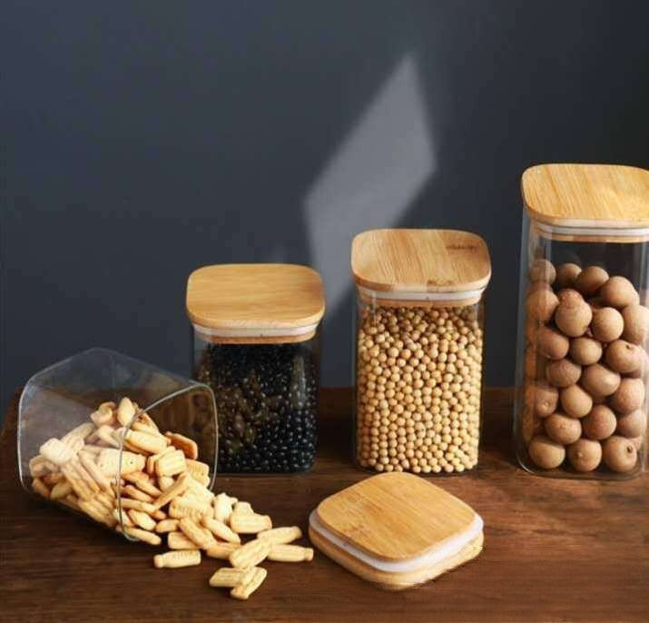 Bamboo Lid Transparent Glass Square Storage Jar (Set of Four) Tea Caddy Storage Jar Sealed Jar