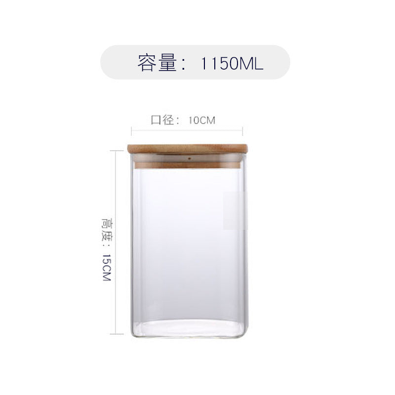 Bamboo Lid Transparent Glass Square Storage Jar (Set of Four) Tea Caddy Storage Jar Sealed Jar