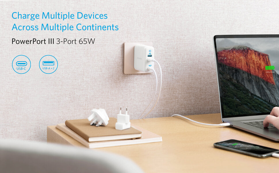 Anker - PowerPort III 3-Port 65W Travel Charger|Charger Plug|Quick Fork Fire Bull A2033