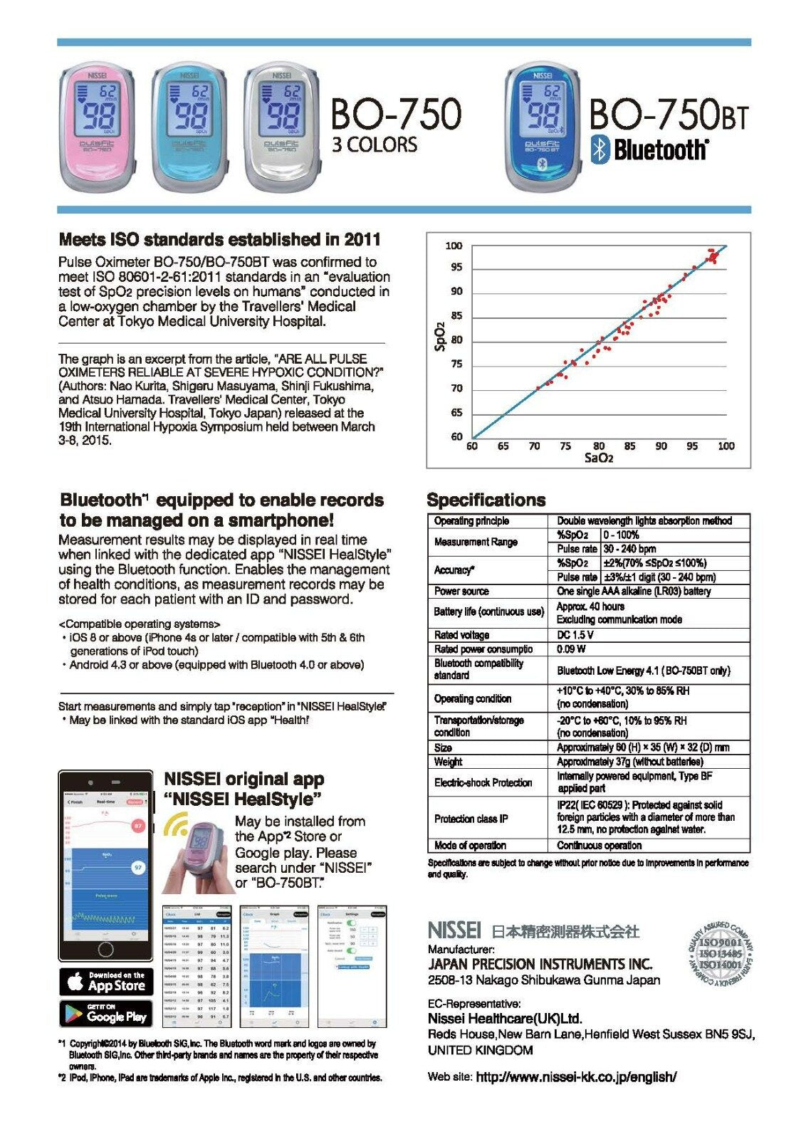 Nissei - BO-750 Blood Oxygen Meter|Clip-on Type|Blood Oxygen Measurement|Heart Rate Monitoring|Oximeter