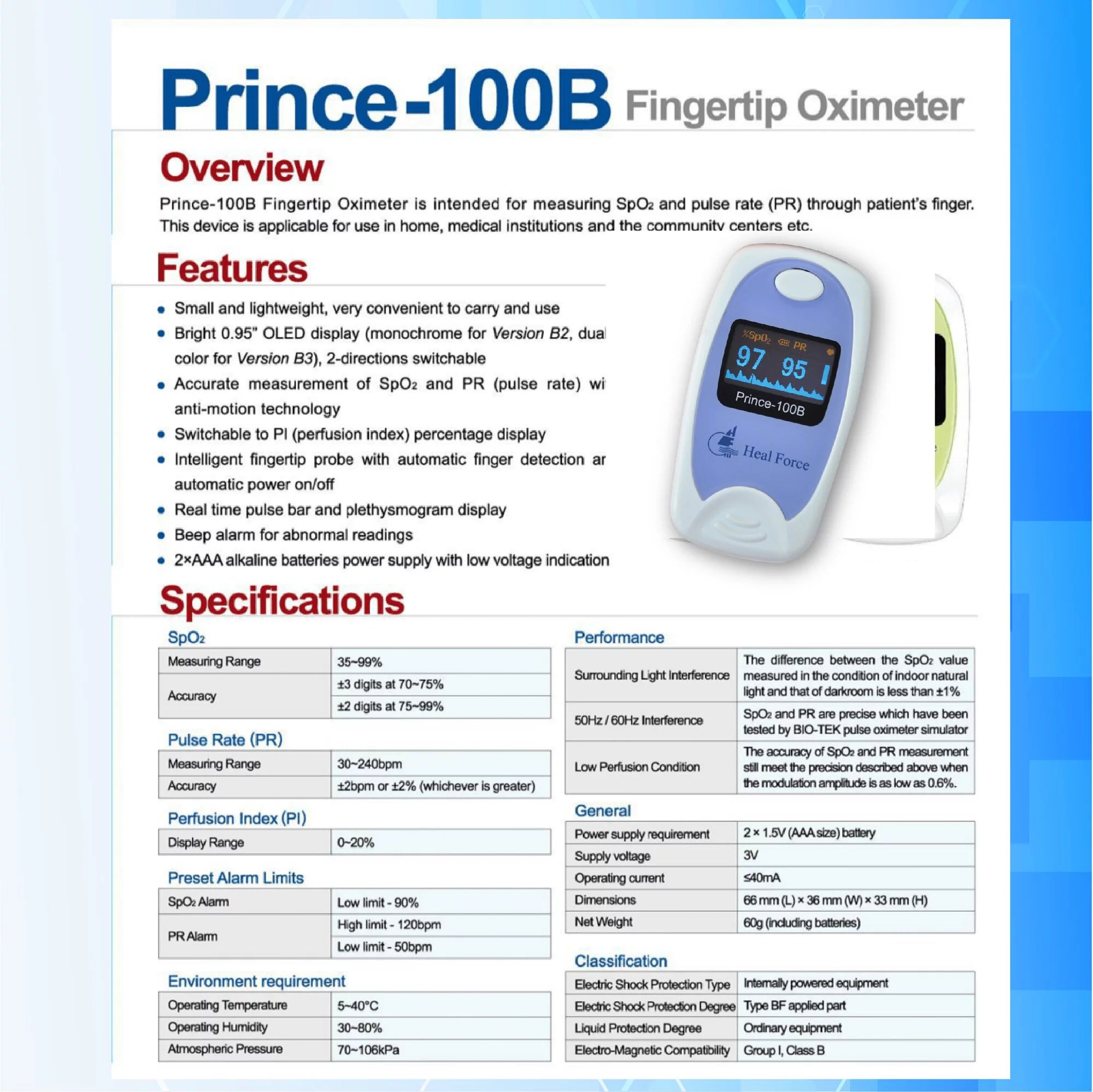 Heal Force- Prince 100B Fingertip Oximeter