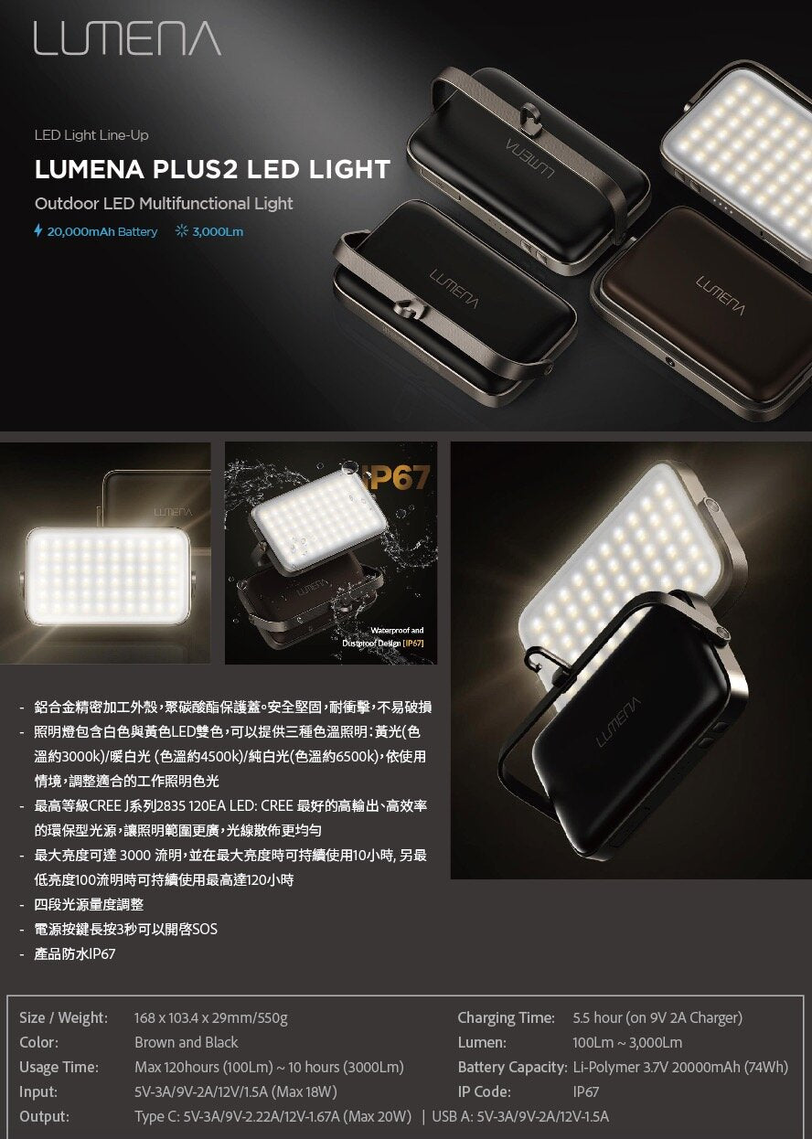 Lumena - PLUS 2 行動電源照明LED燈|露營燈|防水燈
