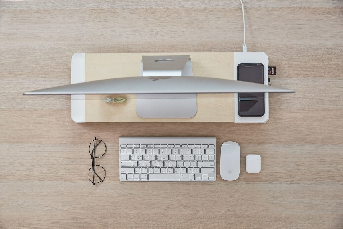 POUT - Eyes 8 原木風多功能電腦支架 - 15W Qi 無線充電架 + USB Hubs - 黑色