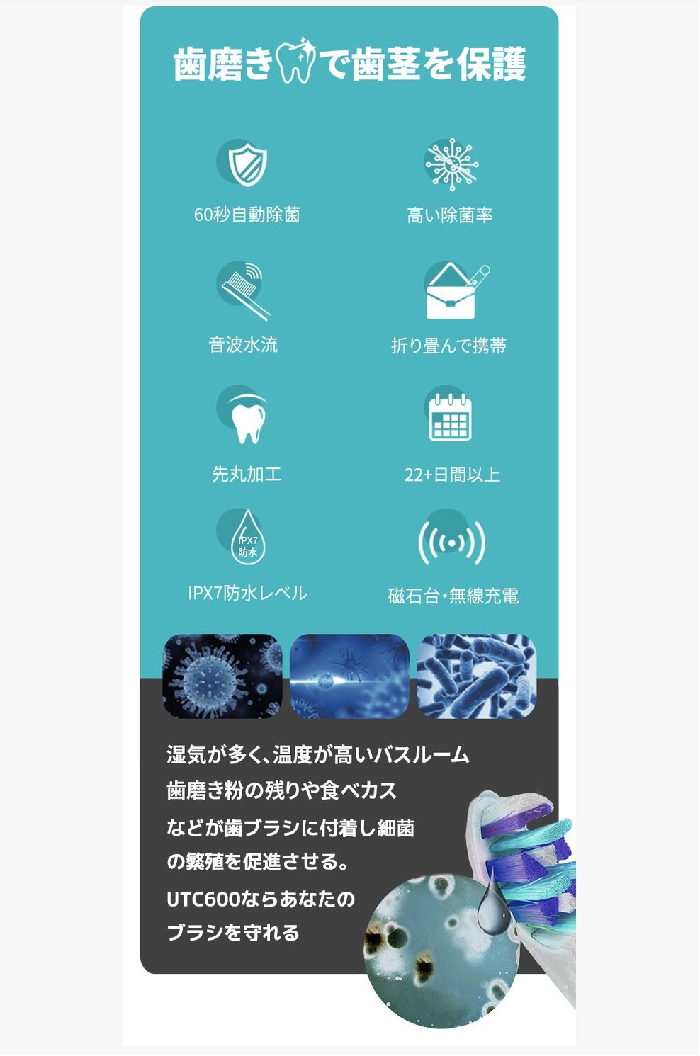 HAHATEC - uToothCare Folding LED Sterilizing Portable Electric Toothbrush|Portable Toothbrush|Travel Toothbrush|UV-C Ultraviolet Disinfection UTC600