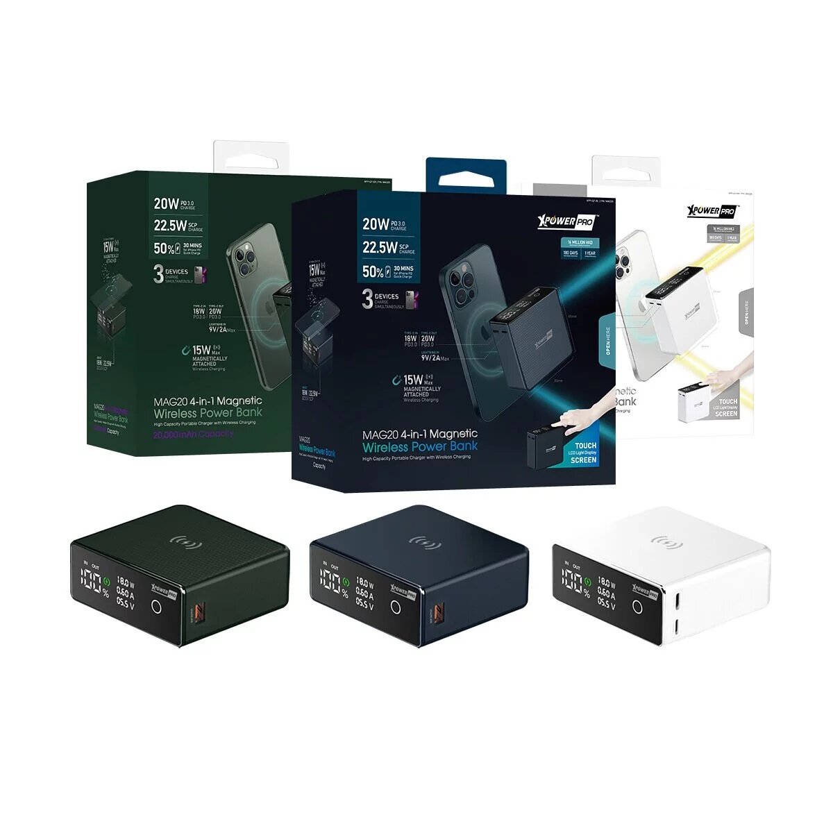 Xpower - XPowerPro MAG20 液晶顯示20000mAh 4合1磁吸無線外置充電器|MagSafe電池|移動電池|尿袋