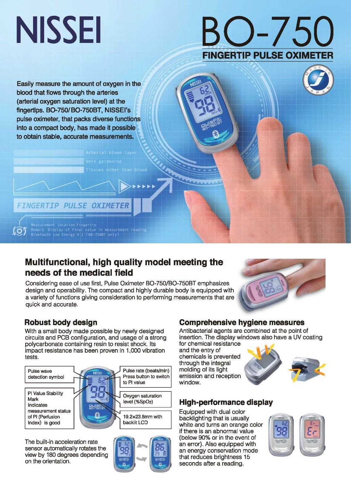 Nissei - BO-750 Blood Oxygen Meter|Clip-on Type|Blood Oxygen Measurement|Heart Rate Monitoring|Oximeter