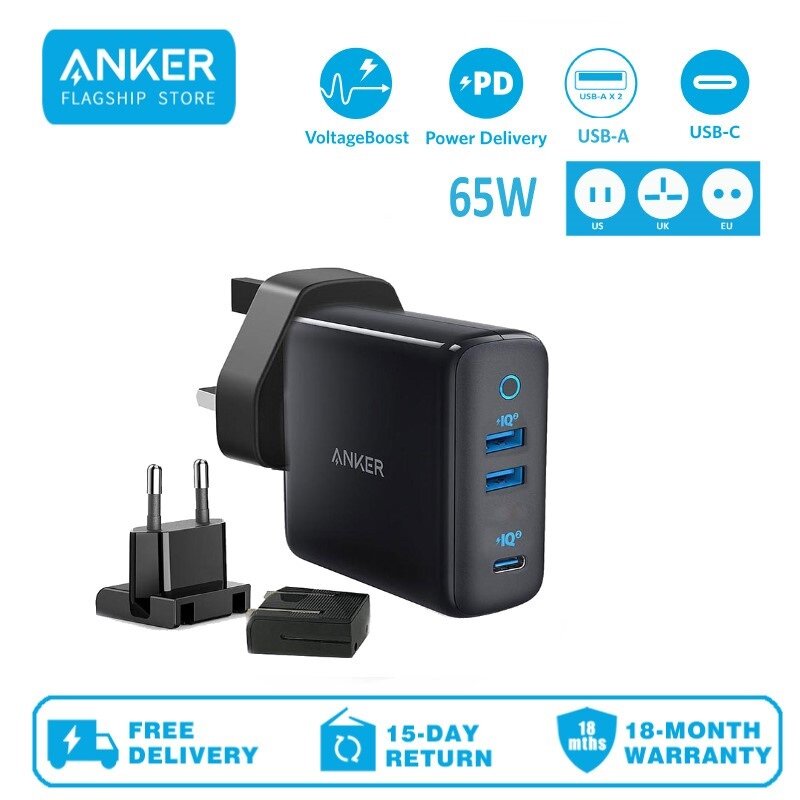 Anker - PowerPort III 3-Port 65W Travel Charger|Charger Plug|Quick Fork Fire Bull A2033