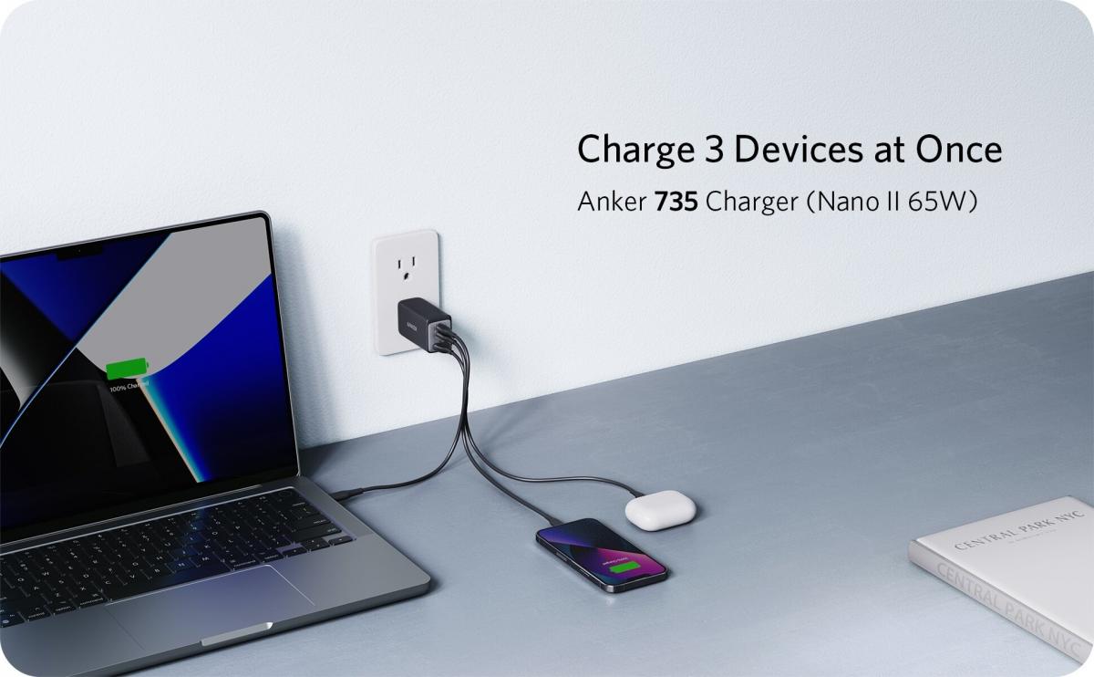 Anker - PowerPort III 3-Port 65W Pod Dual PD 3-Output Wall Plug Charger A2667|GaN II|QC|PD|PPS|65W|Plug Su|Quick Fork Fire Bull