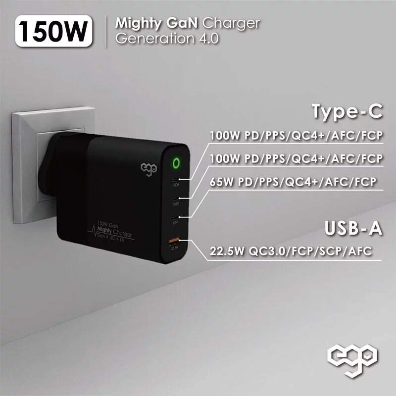 Ego - 150W Mighty GaN 4USB charger A1904-4|Charger plug-in socket|Quick Fork Fire Bull|Travel charger