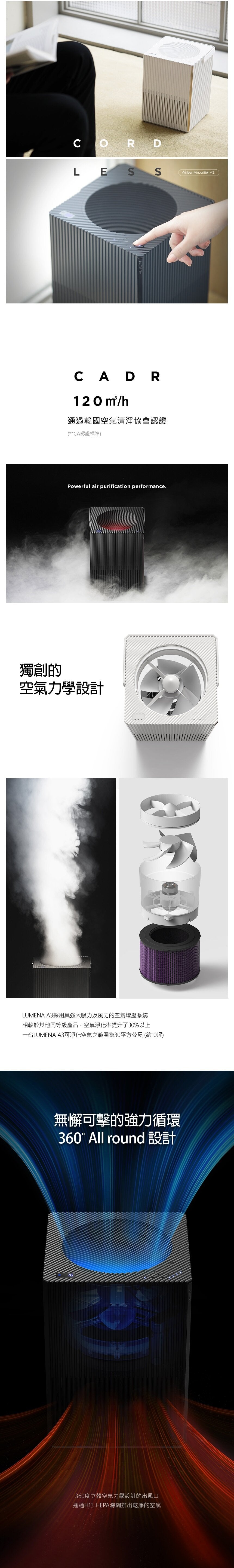 Lumena - A3 無線空氣淨化機|便攜式空氣清新機|空氣清淨機|HEPA H13 濾網|可移動