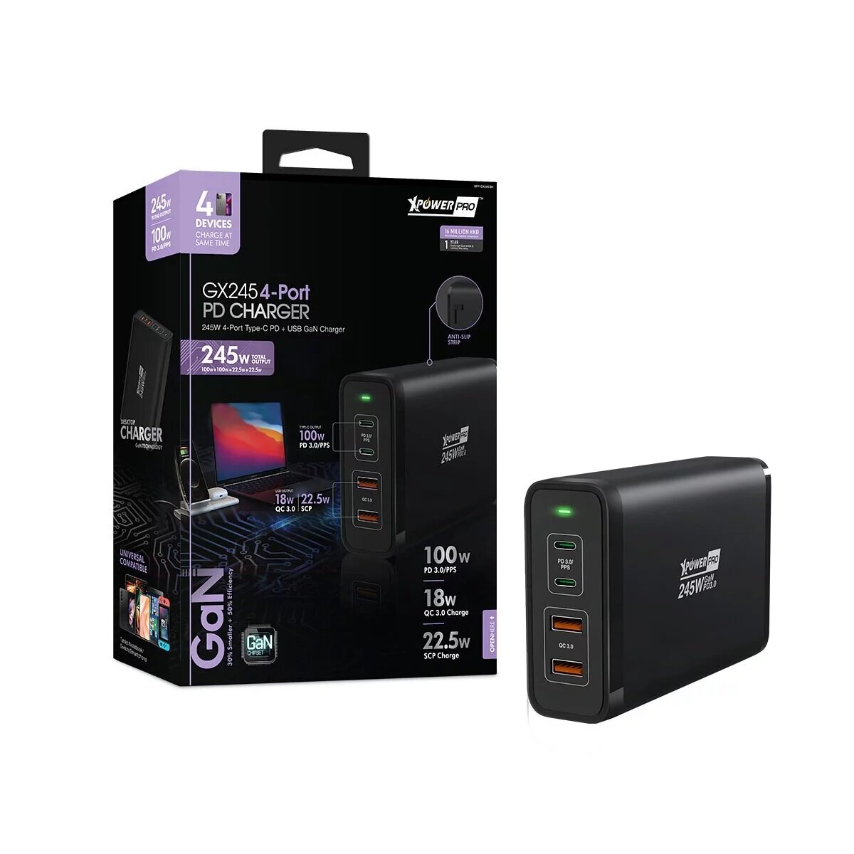 Xpower - XPowerPro GX245 245W PD GAN 4 output smart charger|PD fast charging|Desktop type|Type-C|USB-A