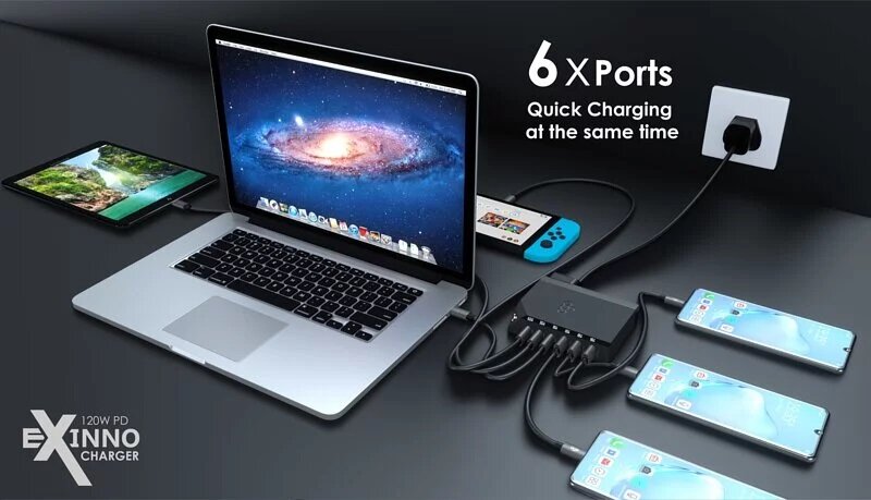 Ego - EXINNO 120W instant output display 6-hole USB charger EX120|Charger socket|Quick Fork Fire Bull|PD|PPS|QC5+