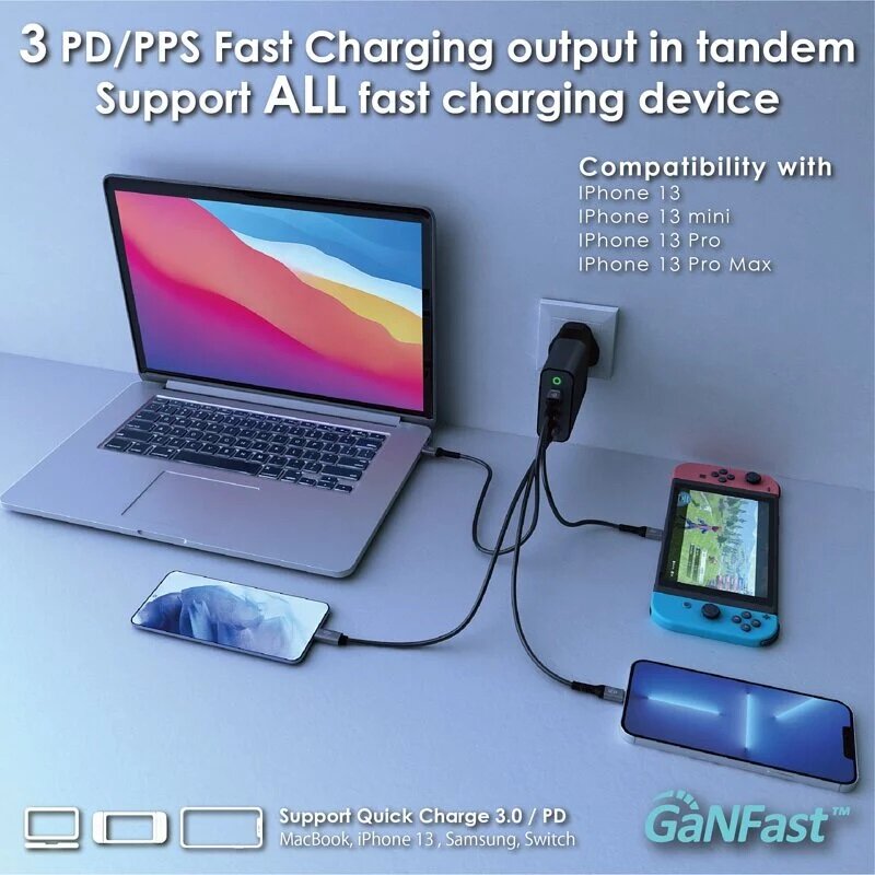 Ego - 150W Mighty GaN 4USB charger A1904-4|Charger plug-in socket|Quick Fork Fire Bull|Travel charger