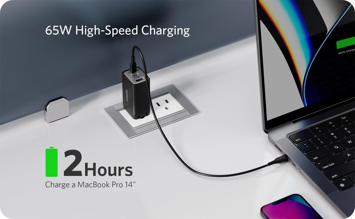 Anker - PowerPort III 3-Port 65W Pod Dual PD 3-Output Wall Plug Charger A2667|GaN II|QC|PD|PPS|65W|Plug Su|Quick Fork Fire Bull