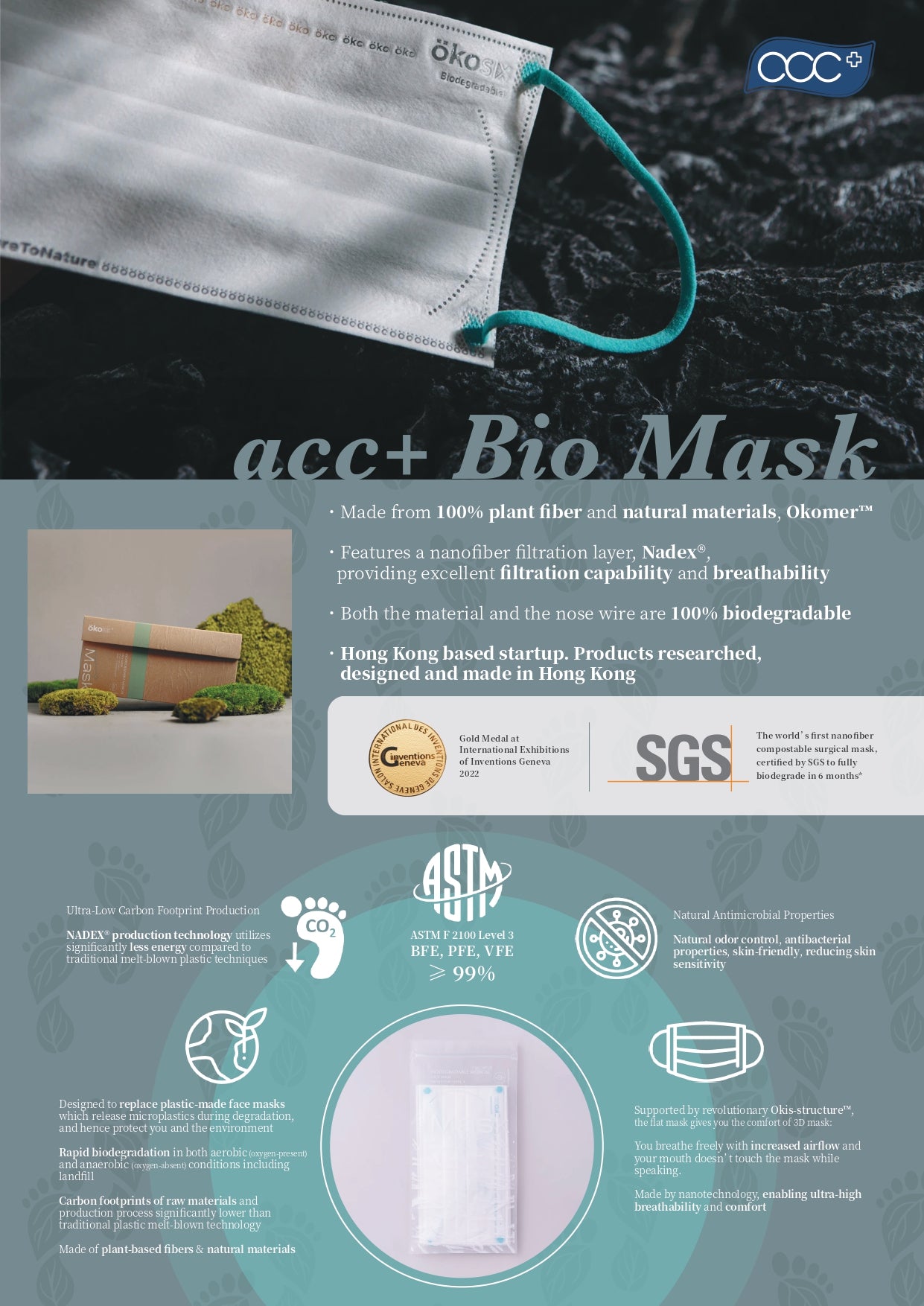 acc+ Bio Mask 植物纖維口罩（100％可降解）日內瓦國際發明展金獎