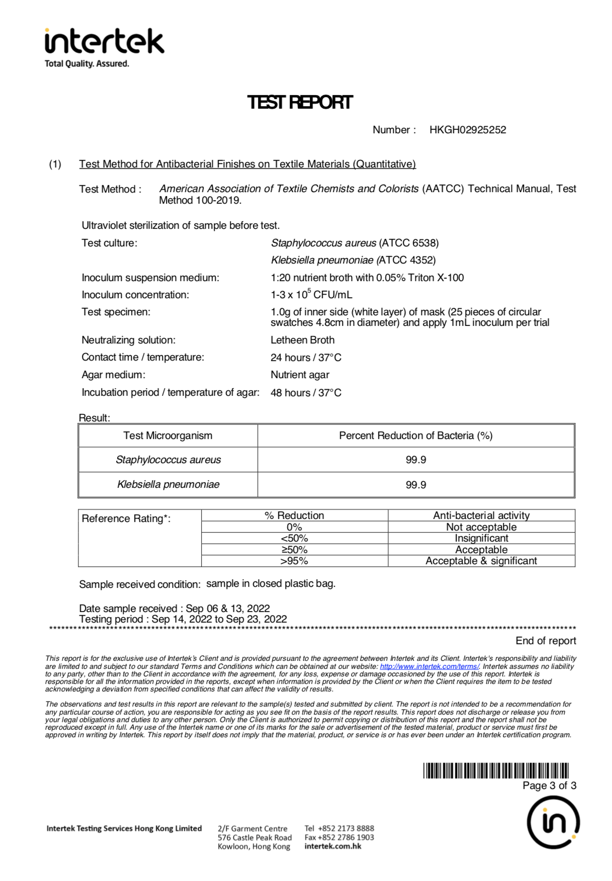 acc+ Taiwan French adult mask ASTM Level 3 Intertek report proves long-acting antibacterial