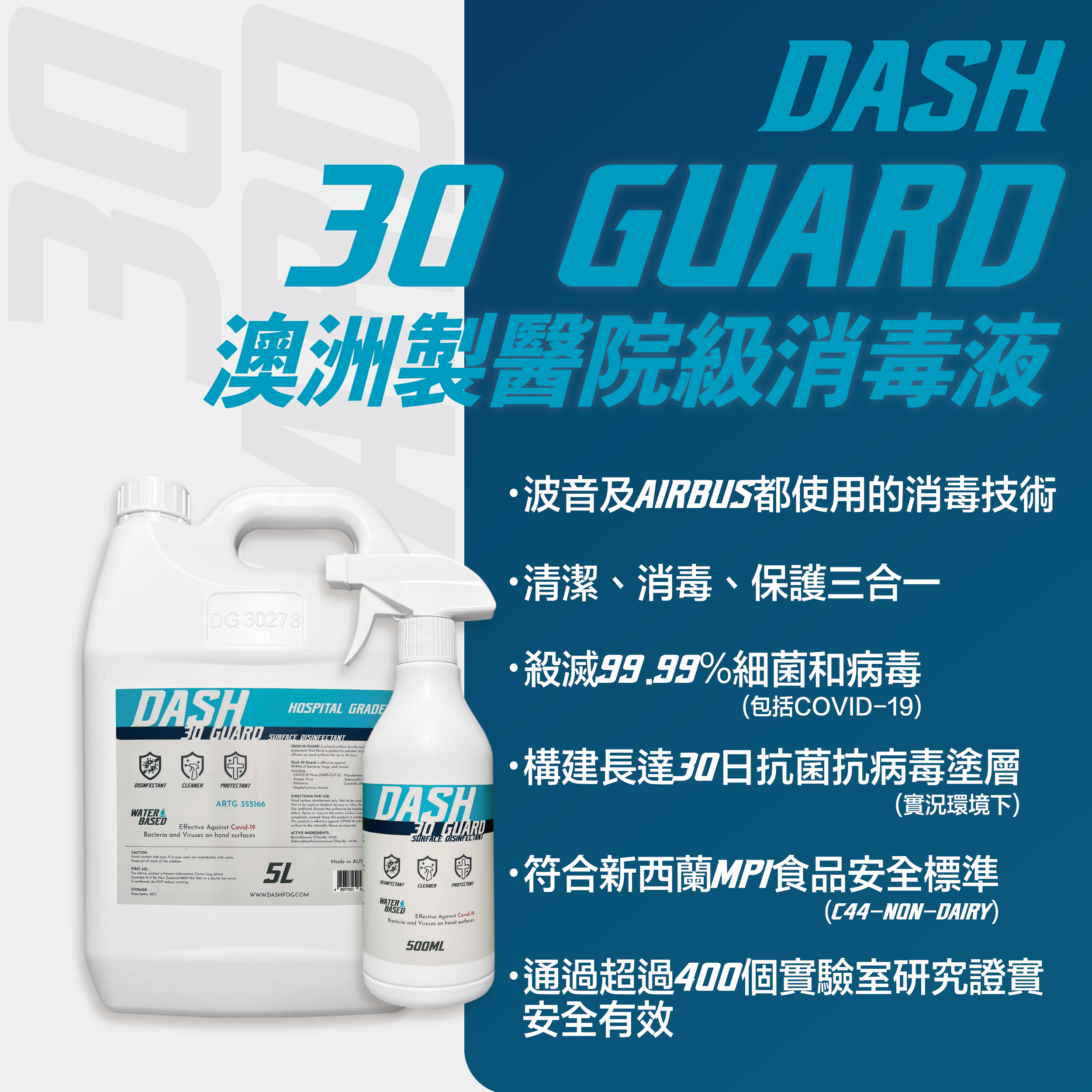 DASH-30 Guard [Selected by Boeing and Airbus] Hospital Grade Antibacterial Disinfectant Coating Disinfectant (500ml)