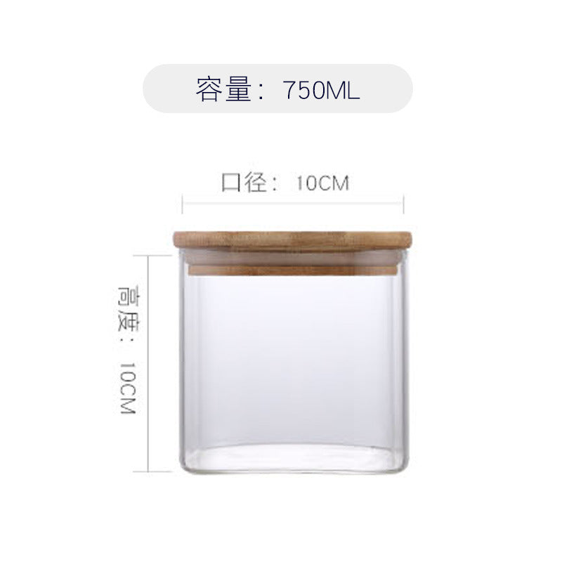 Bamboo Lid Transparent Glass Square Storage Jar (Set of Four) Tea Caddy Storage Jar Sealed Jar