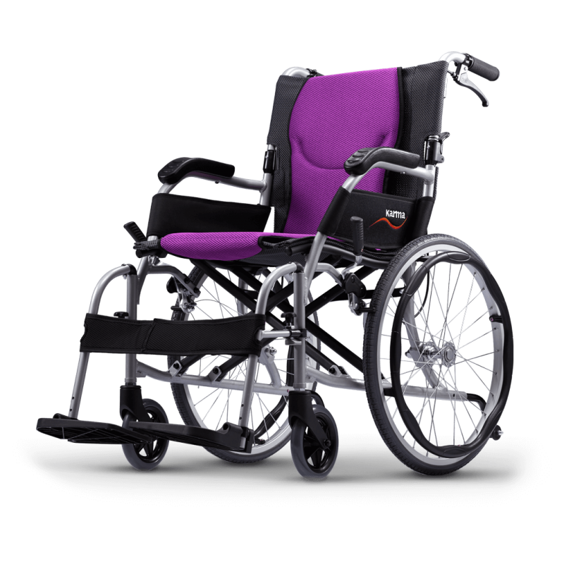 Karma lightweight aluminum wheelchair with handbrake (big purple wheels)