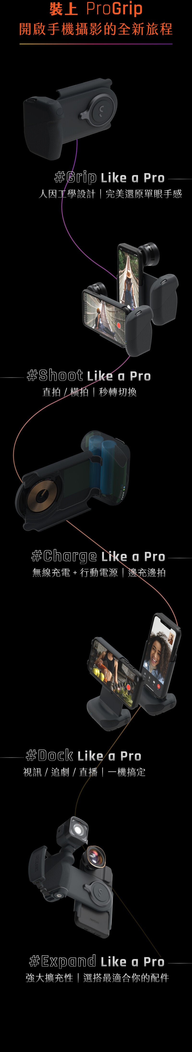 SHIFTCAM - ProGrip Starter Kit 攝影握把｜無線充電座｜行動電源｜手機拍攝支架｜人體工學｜藍牙快門按鈕