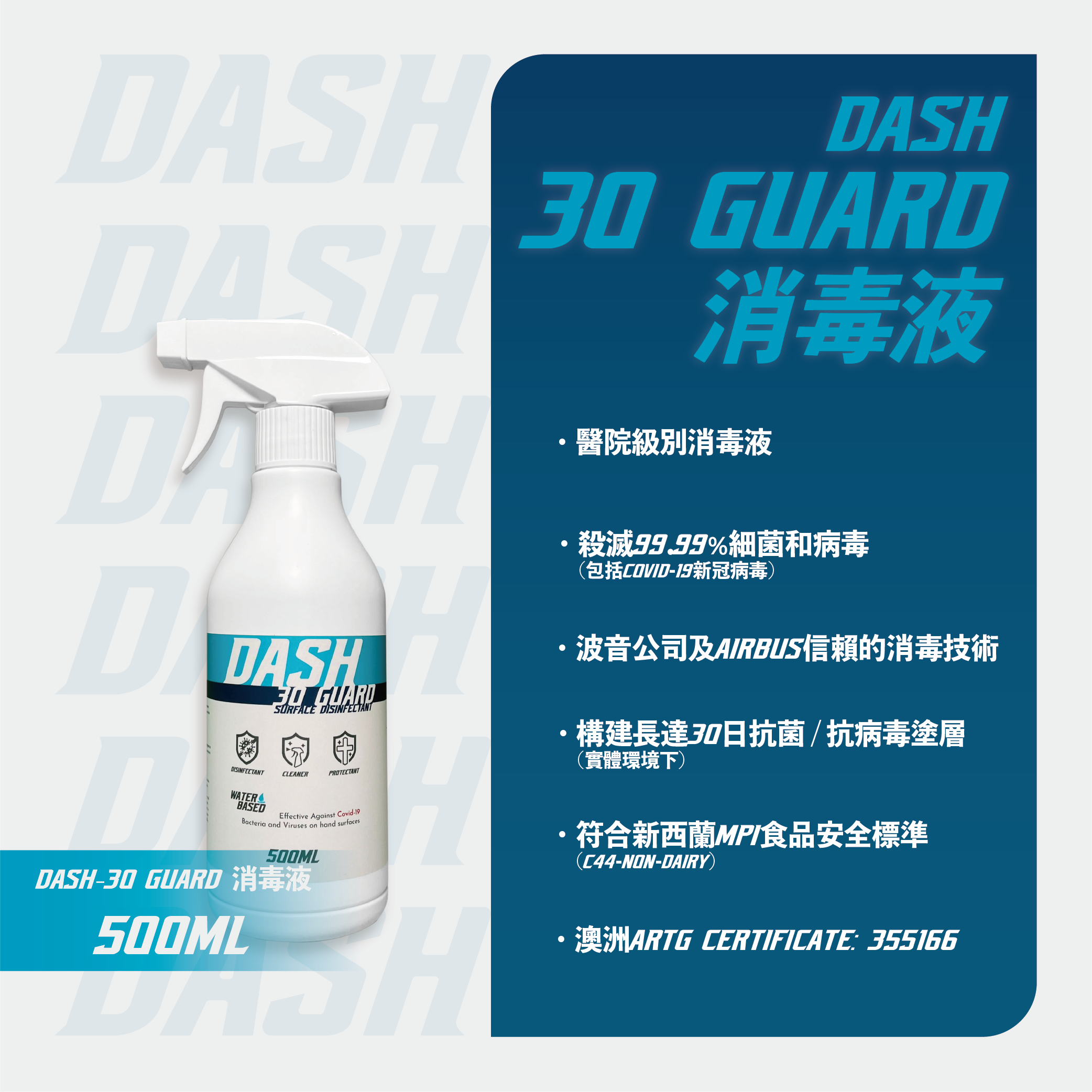 DASH-30 Guard [Selected by Boeing and Airbus] Hospital Grade Antibacterial Disinfectant Coating Disinfectant (500ml)
