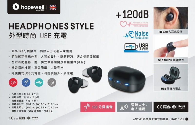 hopewell - HAP-120 (+120dB) 耳機型充電式助聽器【香港行貨】