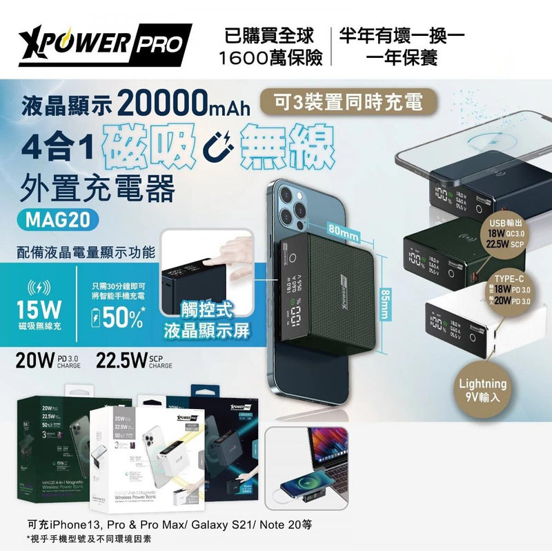 Xpower - XPowerPro MAG20 液晶顯示20000mAh 4合1磁吸無線外置充電器｜MagSafe電池｜移動電池｜尿袋