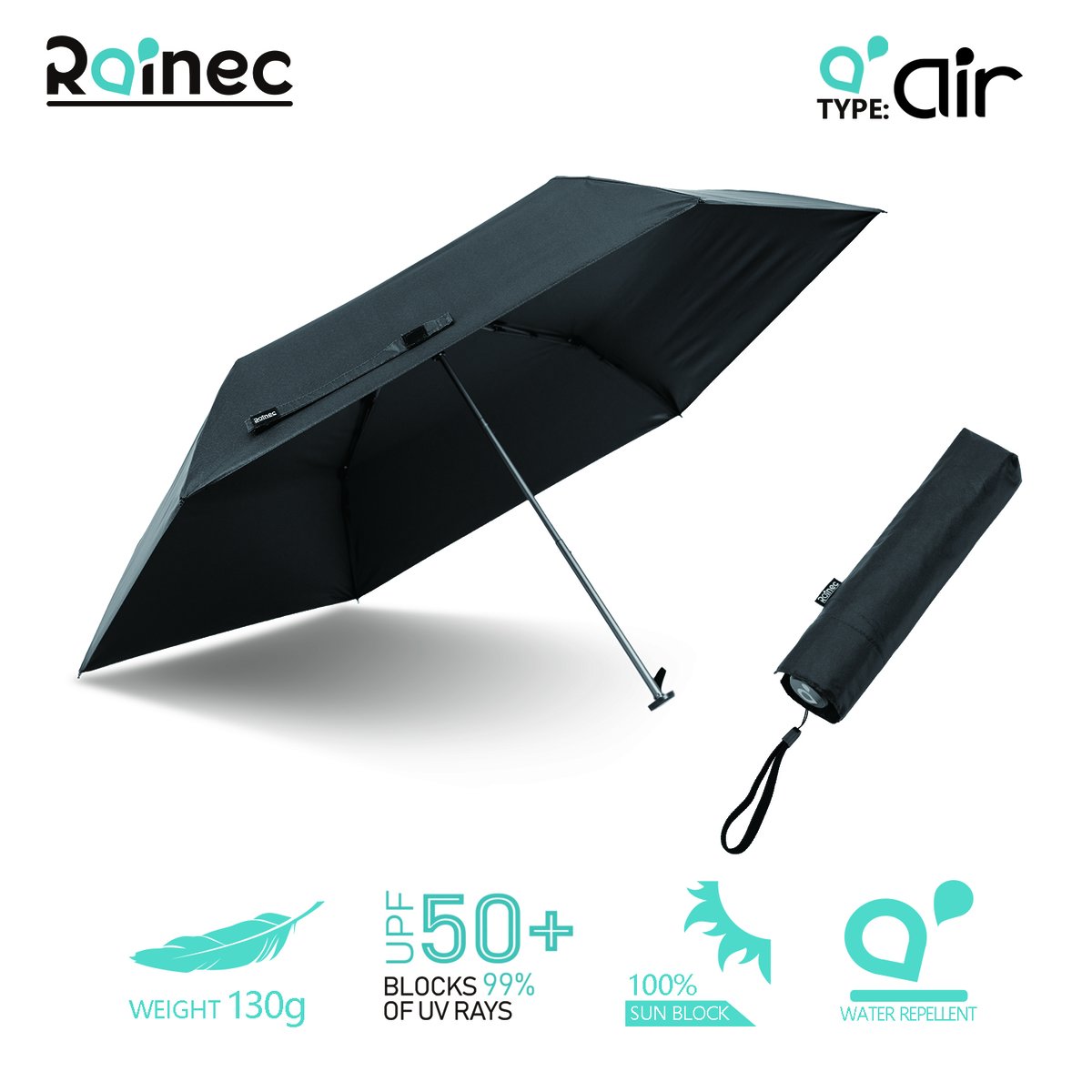 RAINEC - AIR ultra-light opaque water-repellent folding umbrella - graphite black