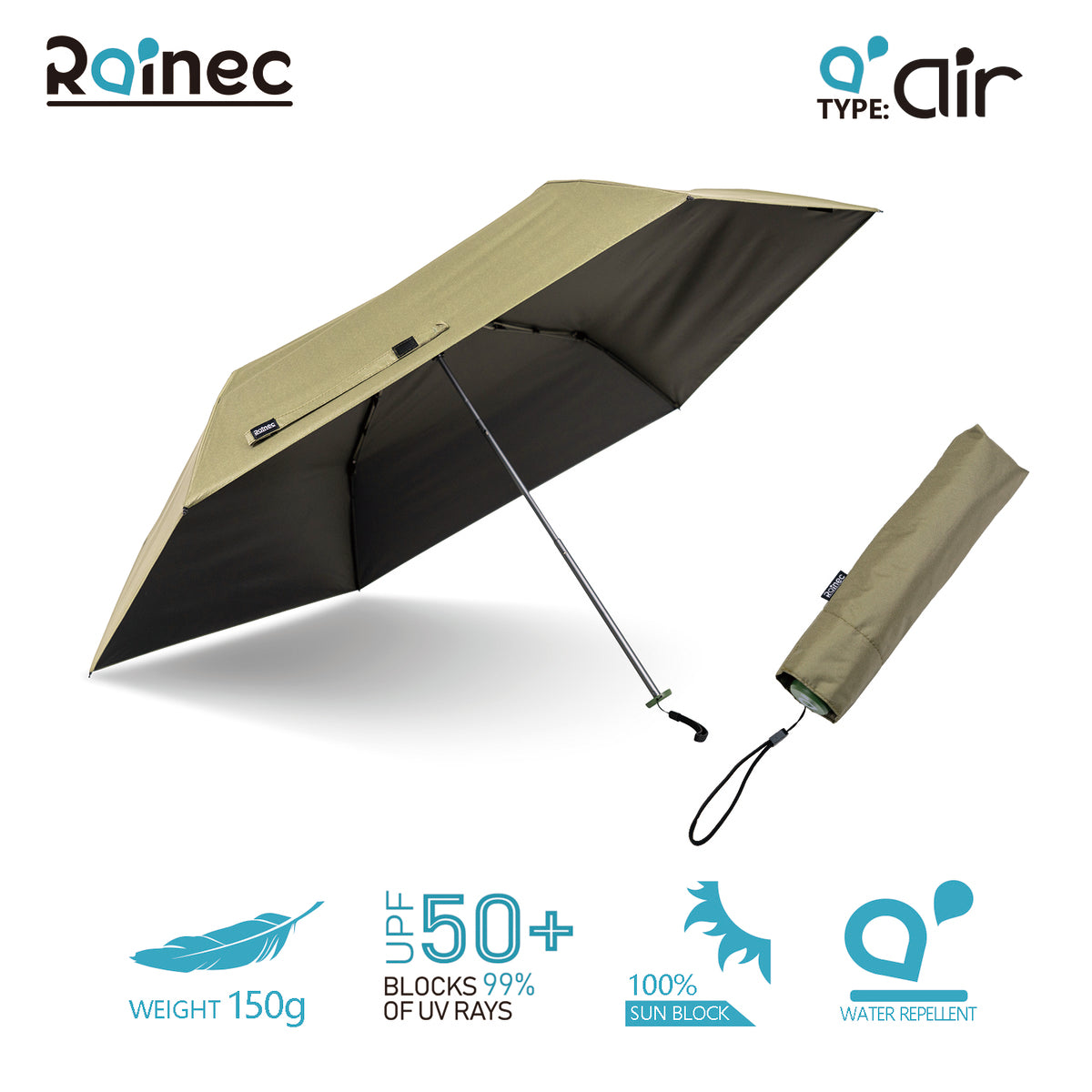 RAINEC - AIR ultra-light opaque water-repellent folding umbrella - olive green
