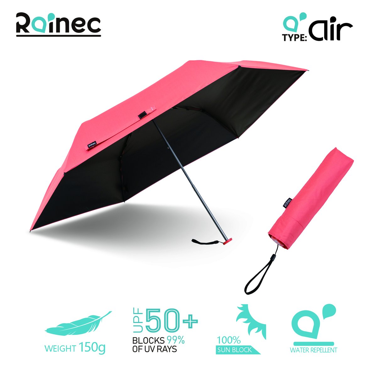 RAINEC - AIR ultra-light opaque water-repellent folding umbrella - Coral Red