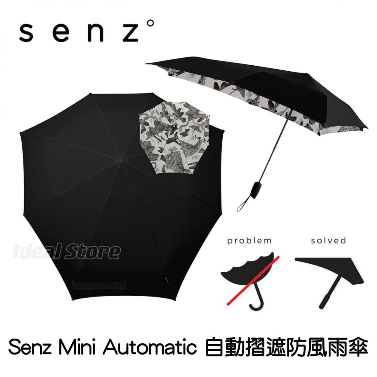 荷蘭 Senz - Mini Automatic 自動摺遮防風雨傘 - Secret Fantasy 黑面花布底 (1021066)｜SPF 50+｜自動開關遮｜防風｜防曬｜遮陽｜縮骨遮