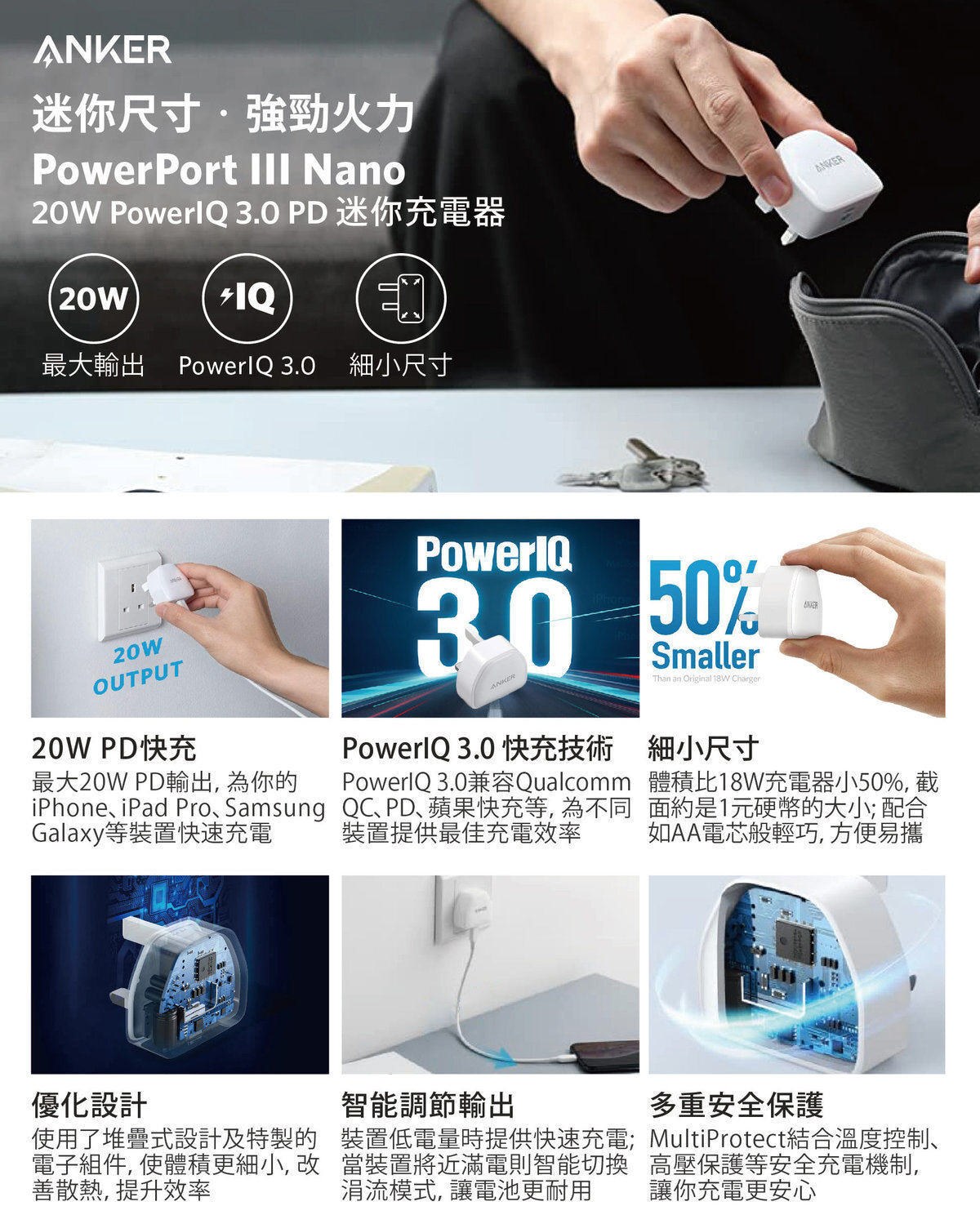 Anker - PowerPort III Nano 20W PIQ 3.0 Small Charger A2633K12 - Black