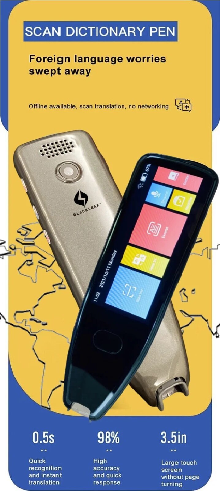 BlackLeaf - 3.5-inch large screen wireless translation pen | Learning translation pen | Translator BMD05