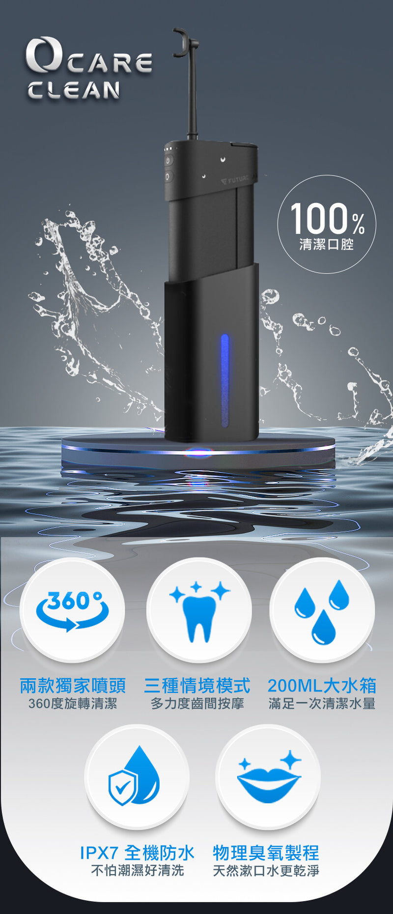 Future Lab - OCare Clean Blue Oxygen Teeth Scaling Machine | Active Oxygen Mouthwash | Electric Water Flosser | Irrigator | Wireless | Portable FG14990
