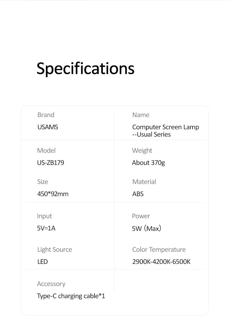 Usams - US-ZB179 Computer screen light｜Screen smart hanging light