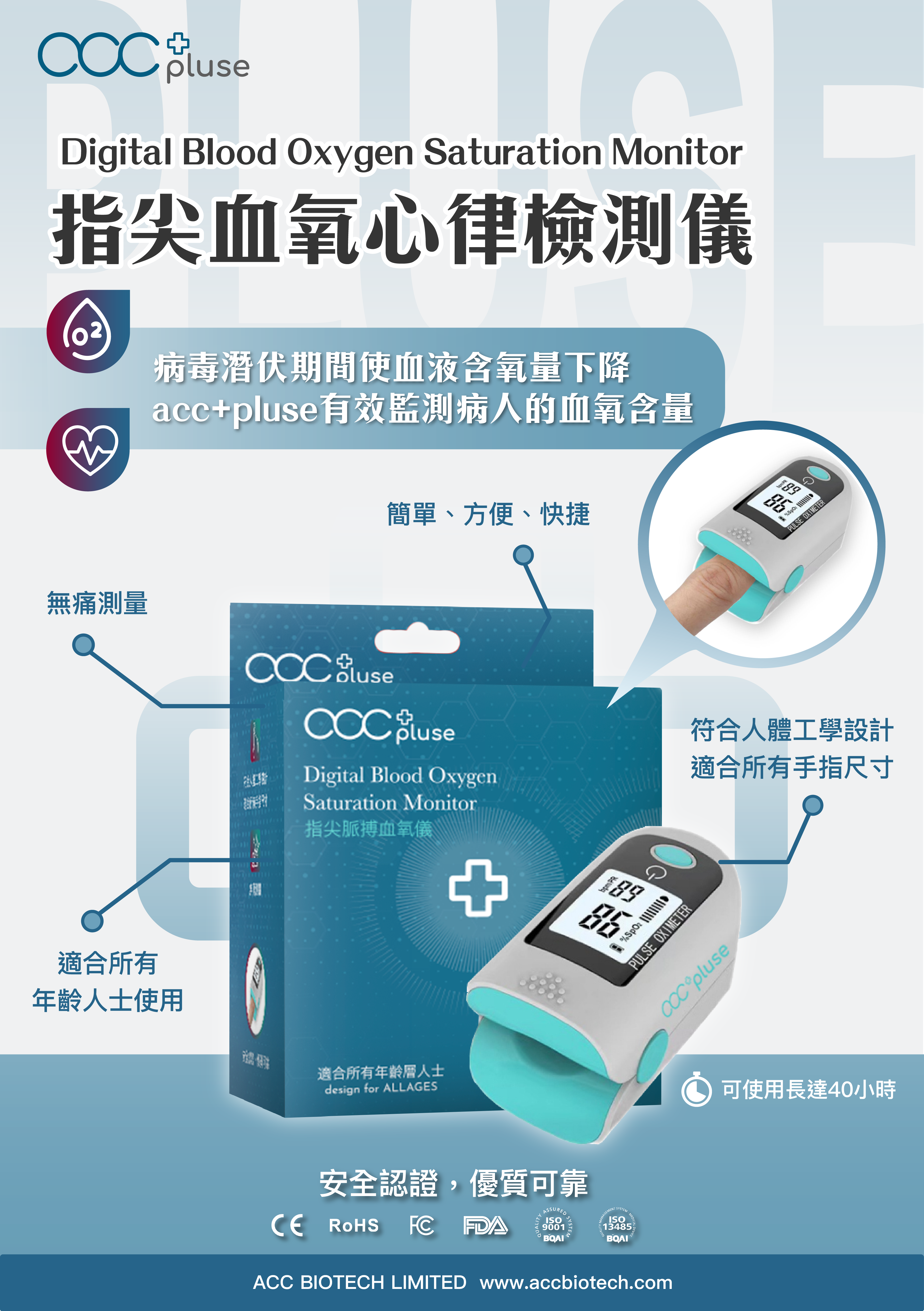 acc+ pluse Fingertip Blood Oxygen Heart Rhythm Detector