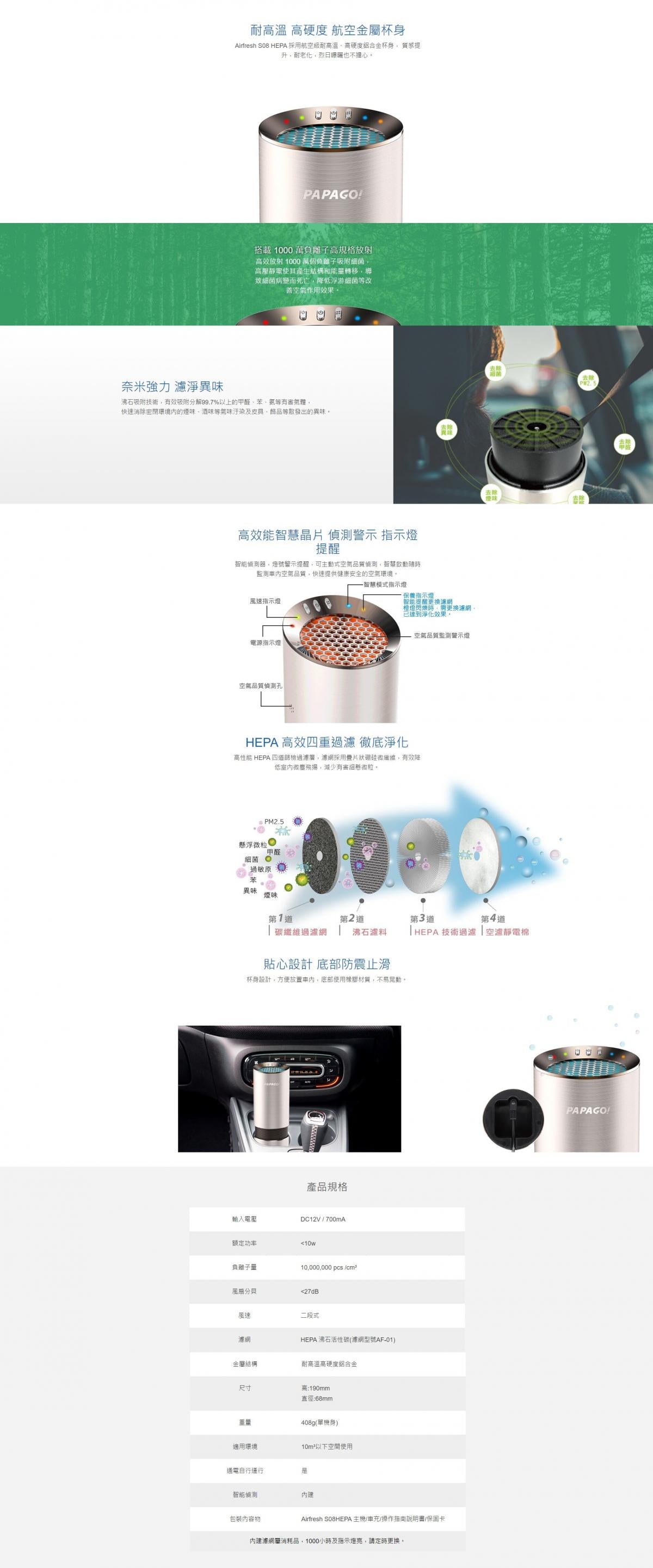 PAPAGO - Airfresh S08 HEPA 車用高效能空氣淨化器｜1000萬負離子｜空氣質量監測器